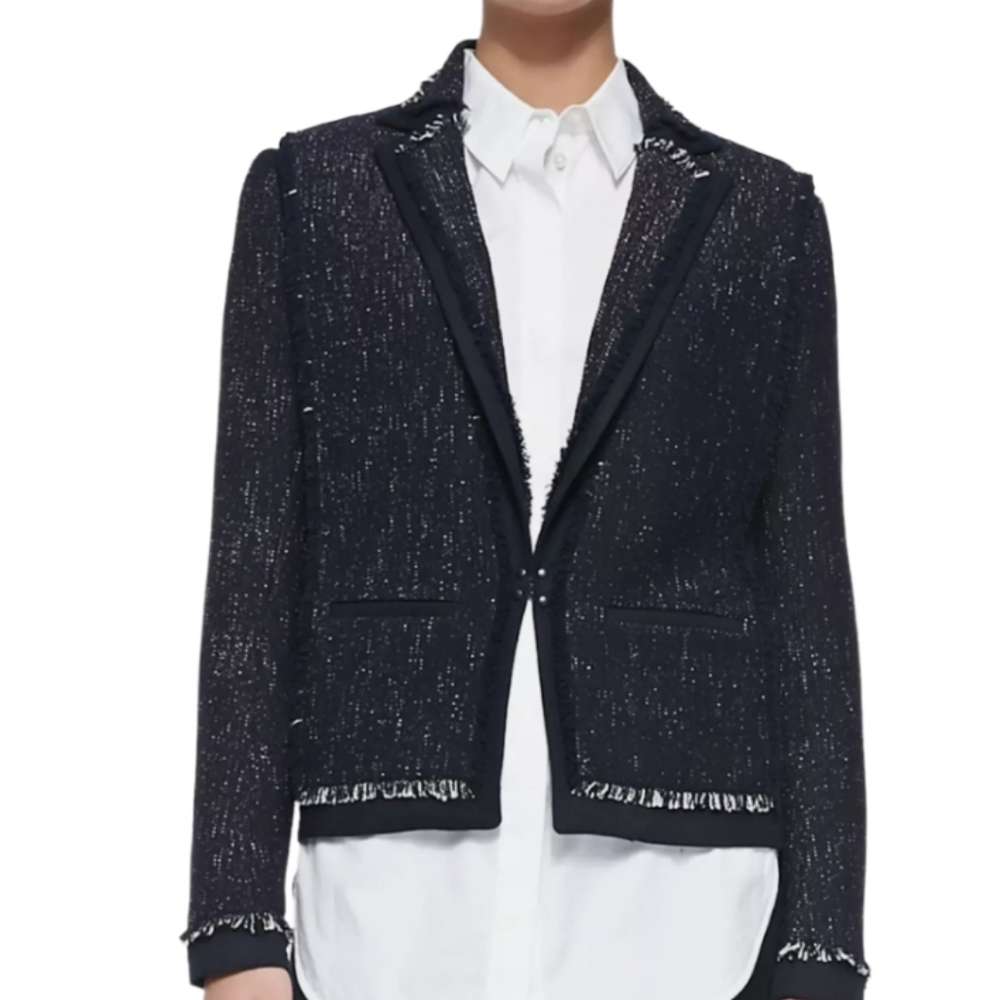 Vince  Women's Navy Blue Soft Bouckle Fringe Tweed Blazer